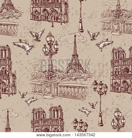 Seamless background Paris in retro style. The embankment River Seine Notre Dame lanterns and doves