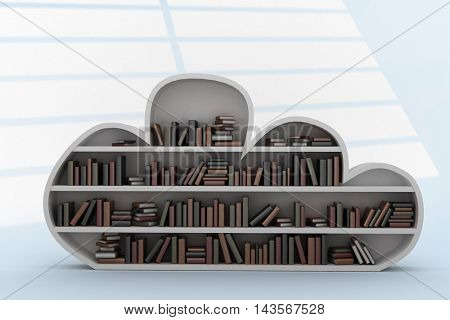Books arranged on gray cloud shaped bookshelves against white squares on blue background