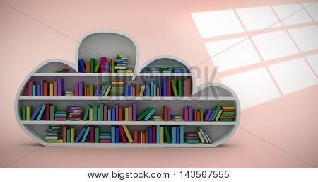Gray shelf with colorful books against squares on orange background