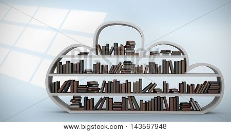 Digital image of shelf with books against digital image of pattern