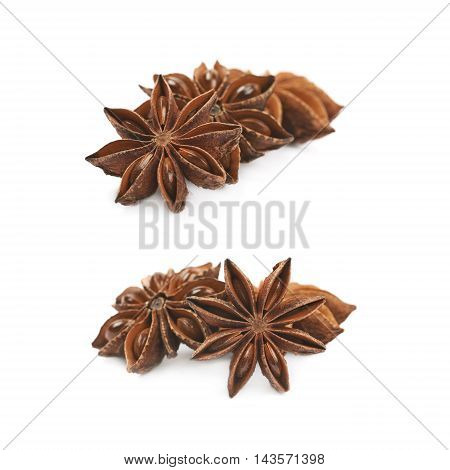 Pile of multiple Chinese star anise seeds, composition isolated over the white background, set of two different foreshortenings