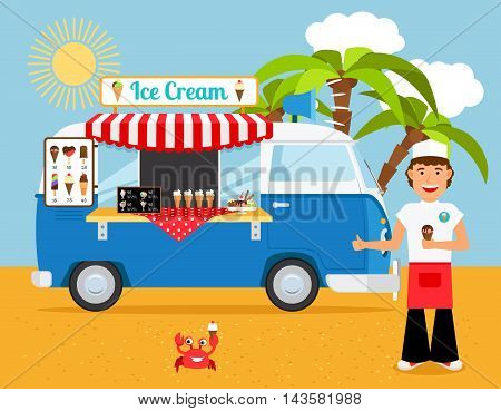 Ice cream truck vector illustration. Iceman and icecream van on sandy beach with palm trees