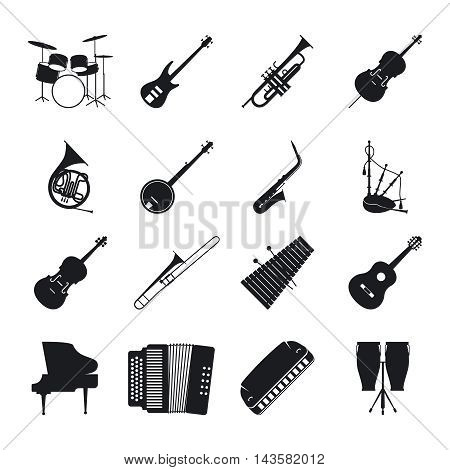 Musical instrument silhouettes for jazz music vector icons set
