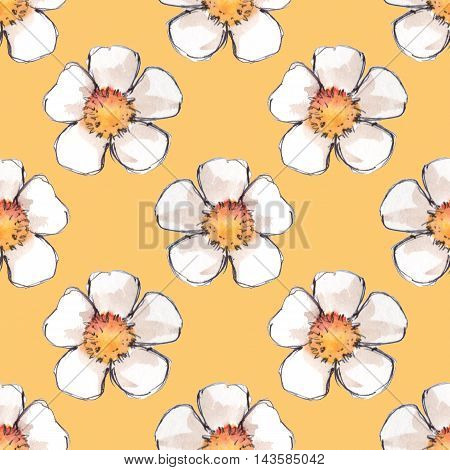 Pattern with white flowers. Watercolor seamless background 1