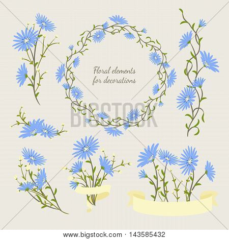 Vector set of floral elements for decorations (wreath, bouquets, border, ribbons). Blue flowers for design vintage wedding invitations and greeting cards