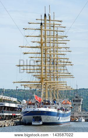 VARNA BULGARIA - 22th May 2016: Five-masted Royal Clippers sailing ship owned by Star Clippers at the passenger terminal docks of the harbor.
