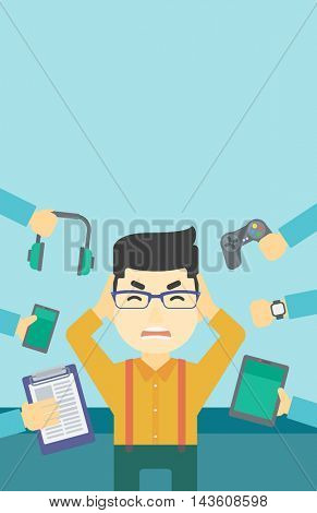 An asian man in despair and many hands with gadgets around him. Young man surrounded with gadgets. Man using many electronic gadgets. Vector flat design illustration. Vertical layout.
