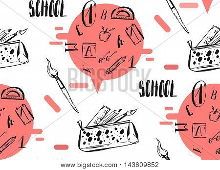 Hand drawn vector abstract back to school seamless pattern with handwritten school phase and pencil case with school supplies isolated on white background.
