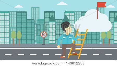 An asian young businessman climbing up the ladder to get the red flag on the top of the cloud on a city background. Vector flat design illustration. Horizontal layout.
