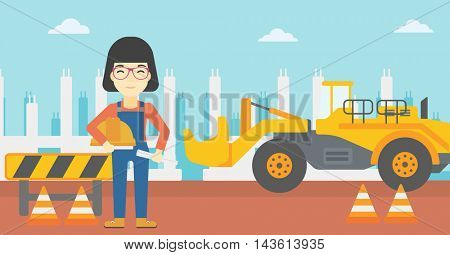 An asian engineer with a blueprint at construction site. Woman holding a twisted blueprint and hard hat. Woman checking construction works. Vector flat design illustration. Horizontal layout.