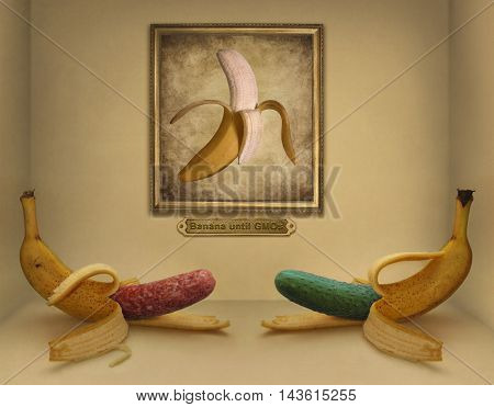 A sausage and a cucumber is inside of banana.