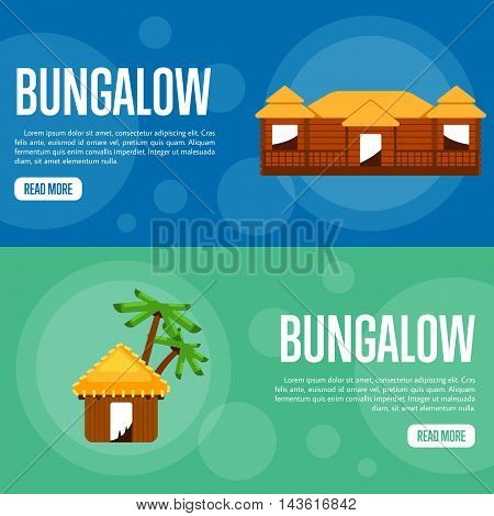 Bungalow vector illustration. Big bungalow on blue background. Water bungalow with palm trees on green background. Beach real estate. Summer vacation. Website template. Flat design banner