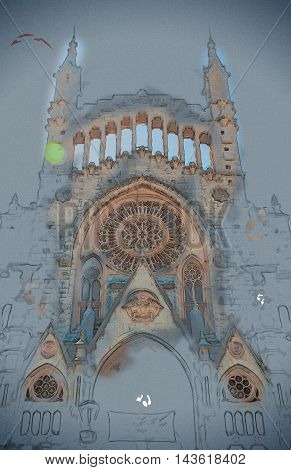 The church of Sant Bartomeu, Saint Bartholomew, in Soller, Majorca, Spain. Beautiful gothic cathedral in Spain. Vintage painting, background illustration, beautiful picture, travel texture