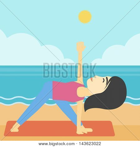 An asian young woman standing in yoga triangle position. Woman meditating in yoga triangle position on the beach. Woman doing yoga on nature. Vector flat design illustration. Square layout.