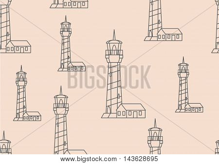 Seamless pattern with thin line lighthouse building