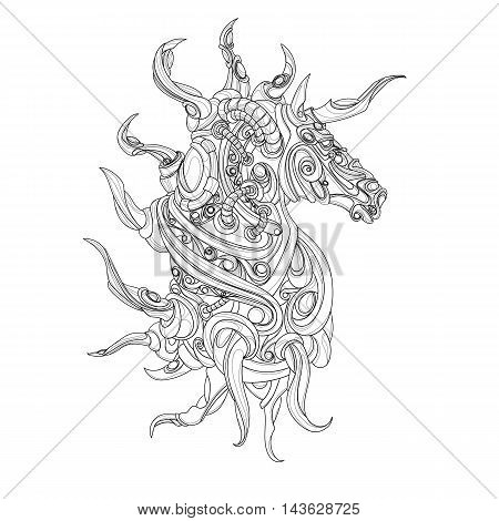 scary, mystical unicorn with lots of horns
