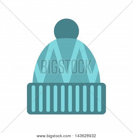 Blue knitted hat icon in flat style on a white background