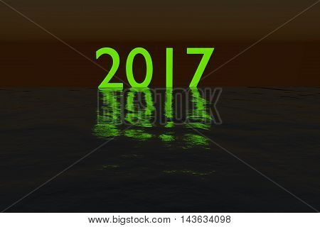 Green glowing 2018 on the sea during night rendered illustration