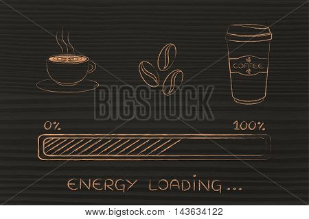 Coffee Icons With Progress Bar Loading Awakeness, Energy Version
