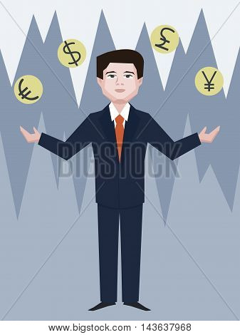 forex dealer juggling with currency - cartoon vector illustration