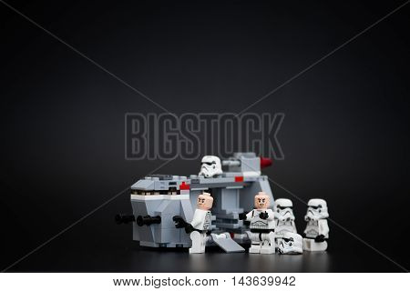 Orvieto Italy - November 15th 2015: Group of Star Wars Lego Stormtroopers minifigures repair a spaceship Lego is a popular line of construction toys manufactured by the Lego Group