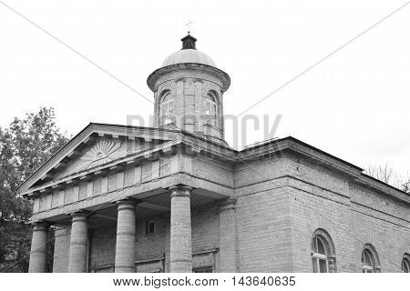 Kirch St. Nicholas in Gatchina - Lutheran church in the city of Gatchina the parish center Hatsina Evangelical Lutheran Church of Ingria. Black and white.