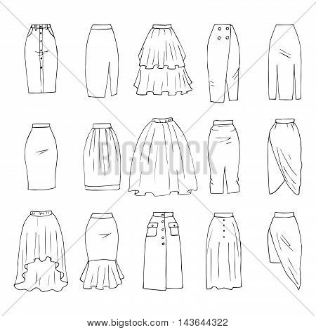 Hand drawn vector clothing set isolated on white. 15 models of trendy midi skirts.