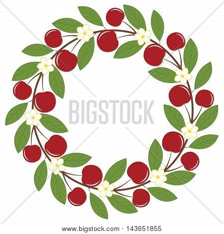 Vector cherry wreath with leaves and flowers
