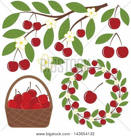 Vector cherry set with basket branch and wreath