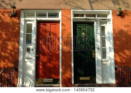 New York City - October 5 2005: Federal style doorways on mid-19th century homes on Horatio Street in Greenwich Village
