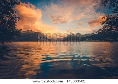 The Norwegian Fjord Sights. Scenic Scandinavian Fjords at Sunset. Norway Europe.