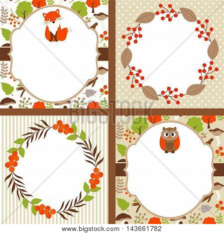 Set of 4 vector woodland cards with owl fox and wreath