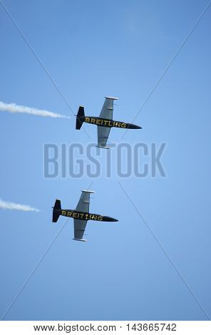 ROME - JUNE 3: The acrobatic team Breitling Jet Team perform at the Rome International Air Show on June 3 2012 in Rome Italy