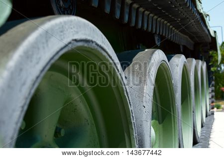 track of russian tank. Detail of an armored military vehicles. Tank trak.