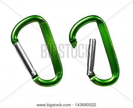 Opening and closing carabiner for mountaineering isolated on white background