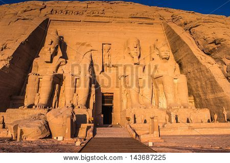 Colossus of The Great Temple of Ramesses II on sunrise, Abu Simbel, Egypt