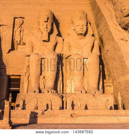 The Great Temple of Ramesses II on the sunrise, Abu Simbel, Egypt