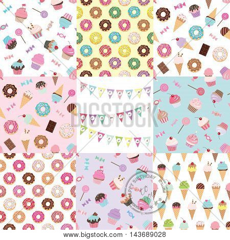 Eight bright seamless patterns with sweets. For birthday and summer design. For print and web.