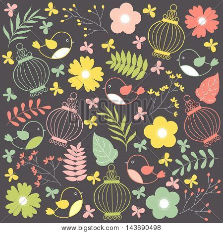 Vector bird bird cages flowers and leaves
