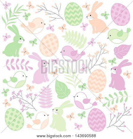 Vector easter set with rabbits birds eggs and leaves