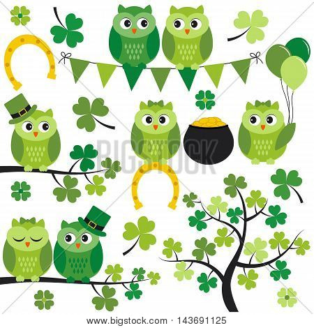 Vector St. Patrick owls with leaves branches and tree