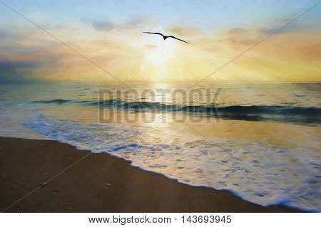 Ocean sunset bird is an ethereal ocean scenic with sun rays bursting forth from the setting sun as a single bird moves toward the light and an ocean wave gently comes to shore.