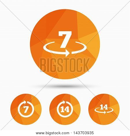 Return of goods within 7 or 14 days icons. Warranty 2 weeks exchange symbols. Triangular low poly buttons with shadow. Vector