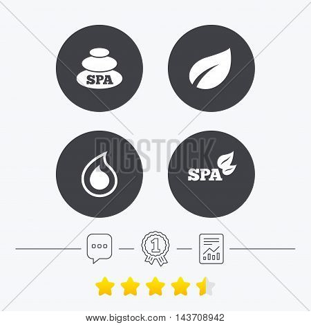 Spa stones icons. Water drop with leaf symbols. Natural tear sign. Chat, award medal and report linear icons. Star vote ranking. Vector
