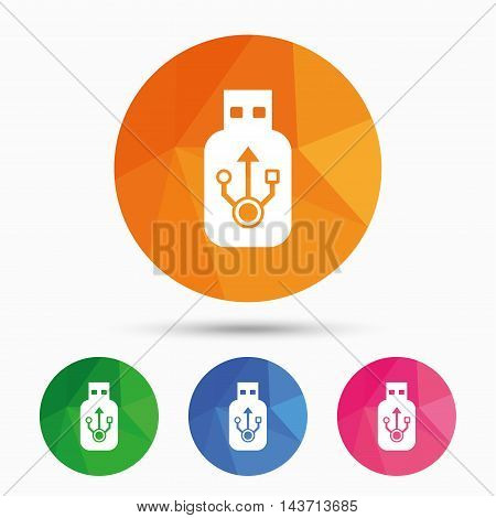 Usb sign icon. Usb flash drive stick symbol. Triangular low poly button with flat icon. Vector
