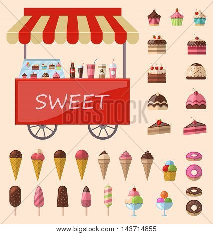 Delicious sweets and ice cream cart market icons set - vector