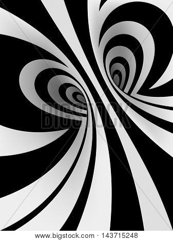 3d black and white abstract spiral background with romantic heart-shaped