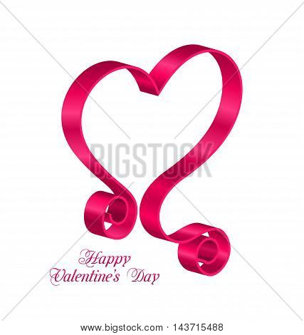 Illustration Pink Tape Ribbon in Form Heart for Happy Valentines Day. Isolated on White Background. Looping Ribbon - Vector