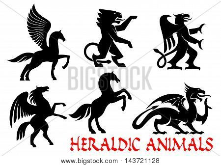 Heraldic animals icons. Pegasus, Unicorn, Lion, Eagle, Horse, Dragon silhouette outline for tattoo, heraldry, tribal shield emblem Fantasy gothic creatures