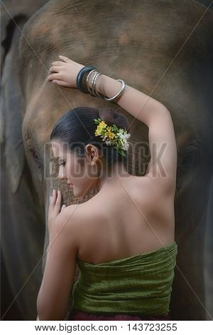 Beautiful woman dressed in traditional elephant village in Surin, Thailand.